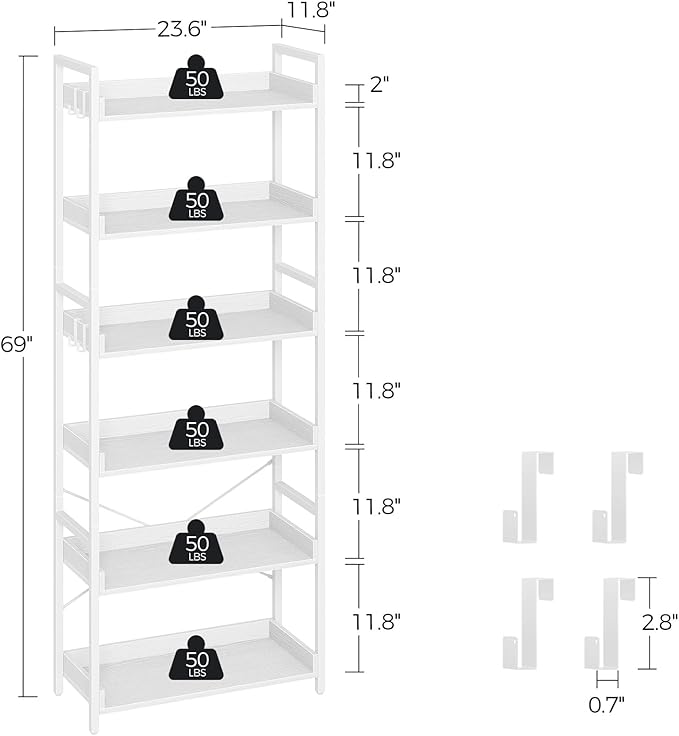 Rolanstar Bookshelf 6 Tier with 4 Hooks, Industrial Wood Bookcase, Vintage Storage Rack with Open Shelves, Rustic Standing Bookshelves Metal Frame Display Rack for Living Room, Bedroom, White