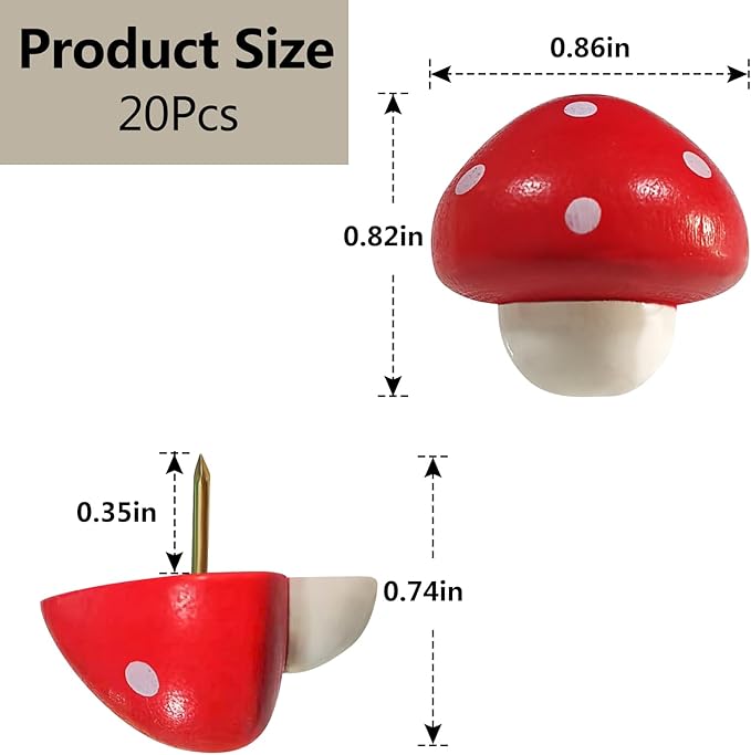 Wooden Mushroom Pushpins, 20pcs Decorative Thumbtack Cute Thumb Nails Mushroom Thumb Tacks for Home Office Classroom Photos Wall, Maps, Bulletin Board, Cork Boards Hanging Posters