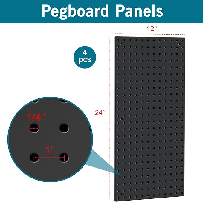 4 Pack 12-Inch X 24-Inch Metal Pegboard Wall Panels, Peg Boards for Garage Tool Storage (Black1224)