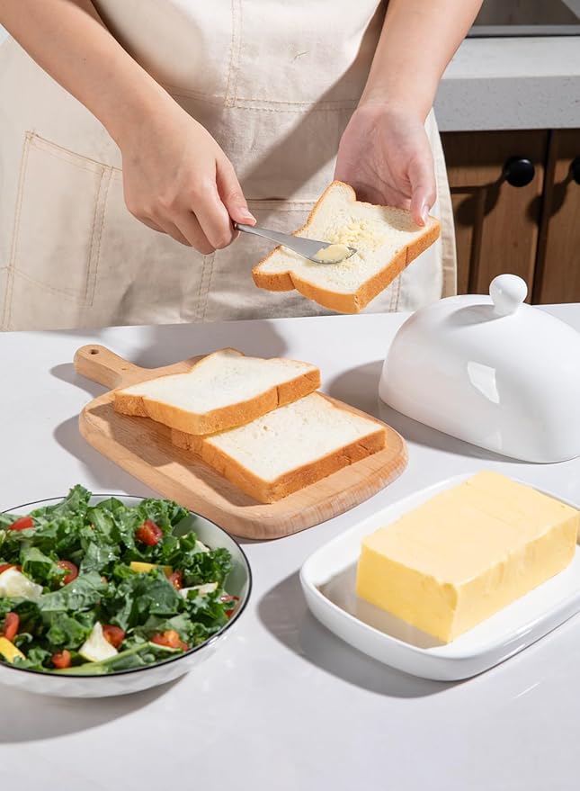 Sweejar Ceramic Butter Dish with Lid for Countertop,Porcelain Butter Keeper with Knob Handle,Butter Container for East/West Coast Butter, 7.3*4.1 inches (White)