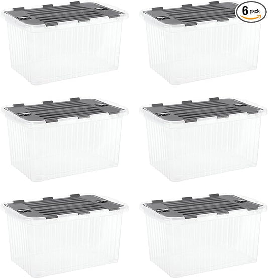 Superio Storage Bins with Lids- Clear Boxes for Organizing, Stackable Plastic Containers- BPA Free, Non-Toxic, Odor Free, Organizer for Home, Office, Dorm (6 Pack, 20.25"x14"x10.5")