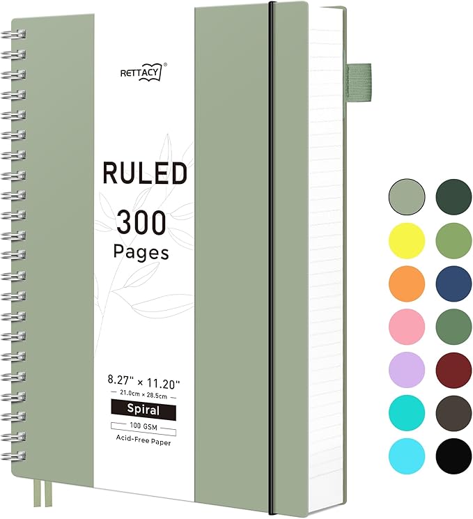 RETTACY Spiral College Ruled Notebook, 300 Pages, A4 Large Size (8.2" x 11.2"), for School, Work, Writing, Journaling, 100 GSM Thick Paper, Flexible Plastic Cover (Light Green)