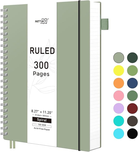 RETTACY Spiral College Ruled Notebook, 300 Pages, A4 Large Size (8.2" x 11.2"), for School, Work, Writing, Journaling, 100 GSM Thick Paper, Flexible Plastic Cover (Light Green)