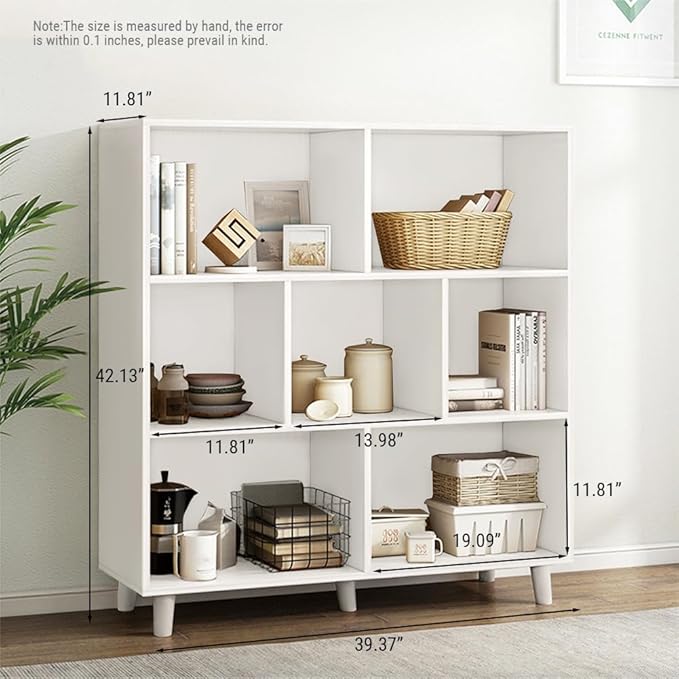 IOTXY Open Cube Low Bookcase - 3-Tier Freestanding Storage Display Cabinet Organizer with Legs for Home Office, 7-Cubes Open Shelf Short Bookshelf, White