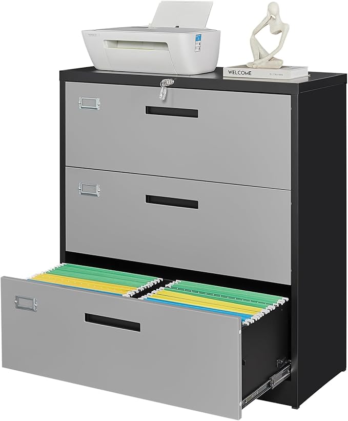 3 Drawer File Cabinet, Lateral Filing Cabinets for Home Office, Office Storage Drawers with Lock, Hanging Files Legal/Letter A4 Size (Assemble Required,Black Grey)