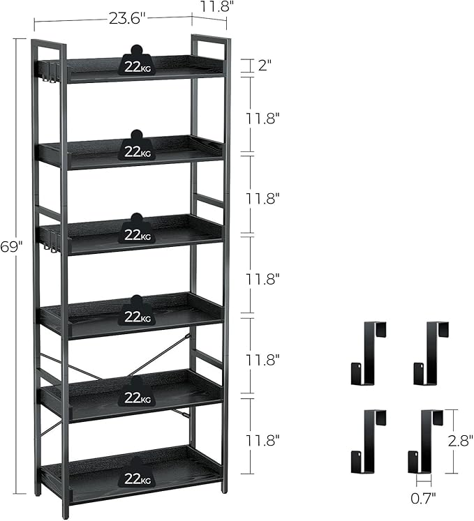 Rolanstar Bookshelf 6 Tier with 4 Hooks, Industrial Wood Bookcase, Vintage Storage Rack with Open Shelves, Rustic Standing Bookshelves Metal Frame Display Rack for Living Room, Bedroom, Black