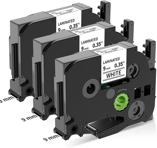 MarkDomain 3-Pack 9mm Label Tape TZe-221 Replacement for Brother TZe TZ Tape 9mm 0.35" Laminated White Label Maker Tape TZe221 TZ221 Work with Ptouch PT H100 H110 D210 D400AD 1290