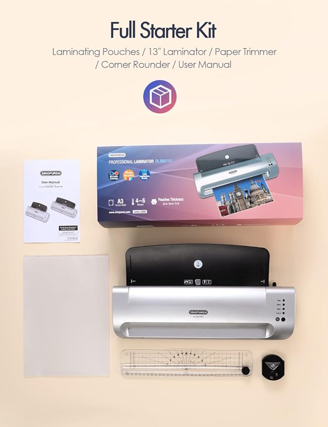Laminator Machine, SINOPUREN 13-inch Thermal Laminator, with Paper Trimmer, Corner Rounder, 10 Pouches Sheets, Quick Warm-Up, Cold and Hot Laminating for Home/School/Office