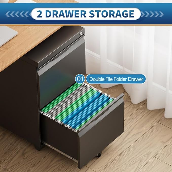 2 Drawer File Cabinet with Lock,Rolling Vertical File Cabinets for Home Office,Small Metal Filing Cabinet Office Drawers Under Desk for A4-Size/Letter-Size/Legal-Size- Assembly Required/Black