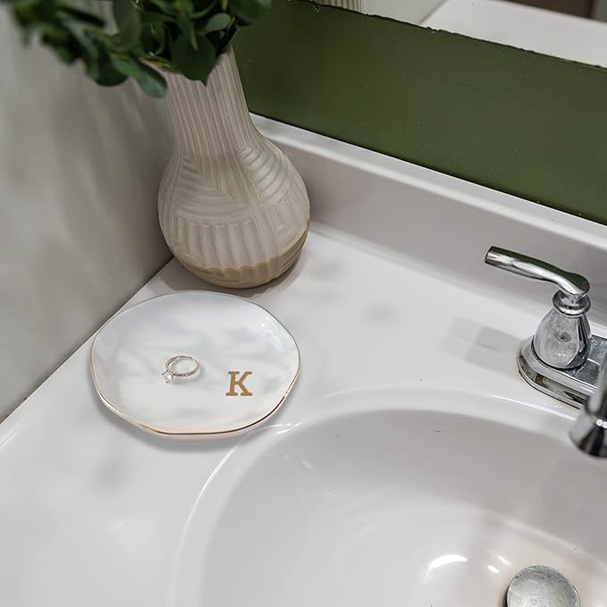 Initials Ring Dish Jewery Tray with personalized K-Monogrammed Gifts Wedding Engagement for Women Friends sister,Ceramic White