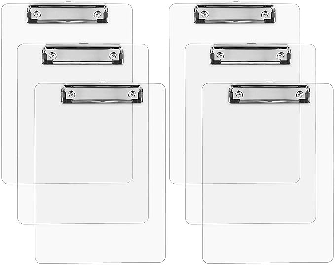 Plastic Clipboards (Set of 6) Transparent Clipboard (Clear) Strong 12.5 x 9 Inch | Holds 100 Sheets! Acrylic Clipboards with Low Profile Clip | Bulk Back to School Supplies for Teachers