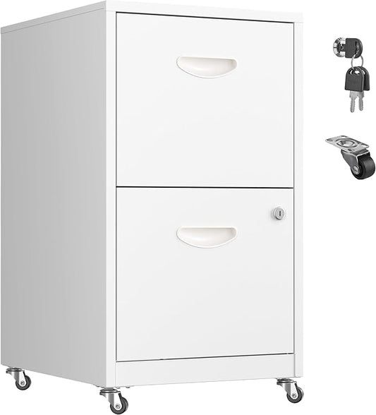2 Drawer Mobile File Cabinet with Lock, Metal Filing Cabinets with Wheels, White Rolling Storage Cabinet, Under Desk Vertical File Cabinet for Home Office, Lockable Steel Two Drawer for Letter Size