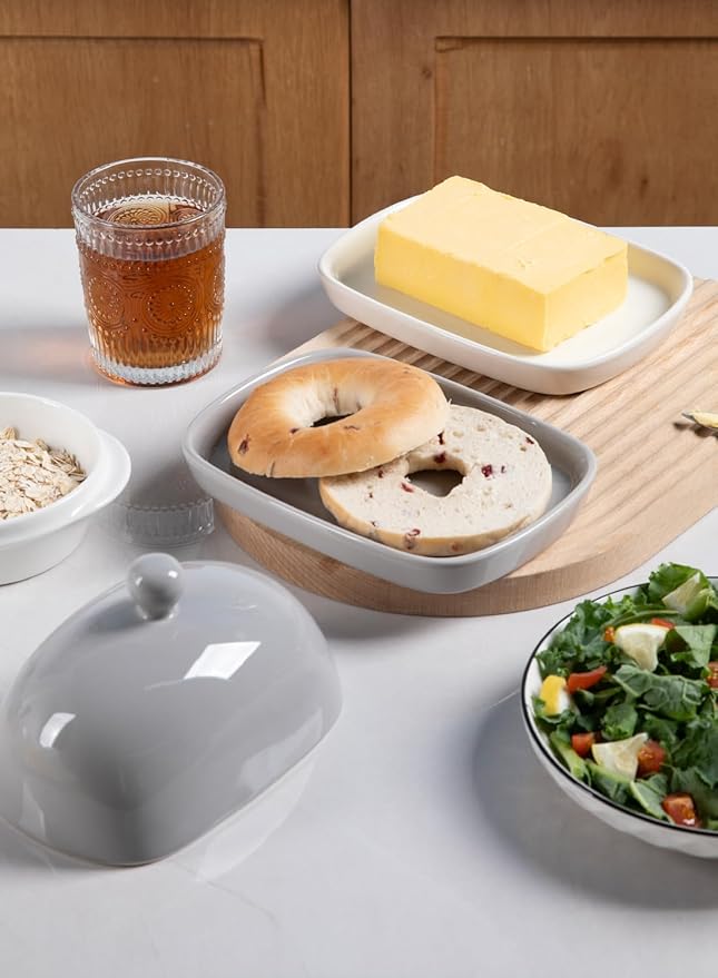 Sweejar Ceramic Butter Dish with Lid for Countertop,Porcelain Butter Keeper with Knob Handle,Butter Container for East/West Coast Butter, 7.3*4.1 inches (Gray)