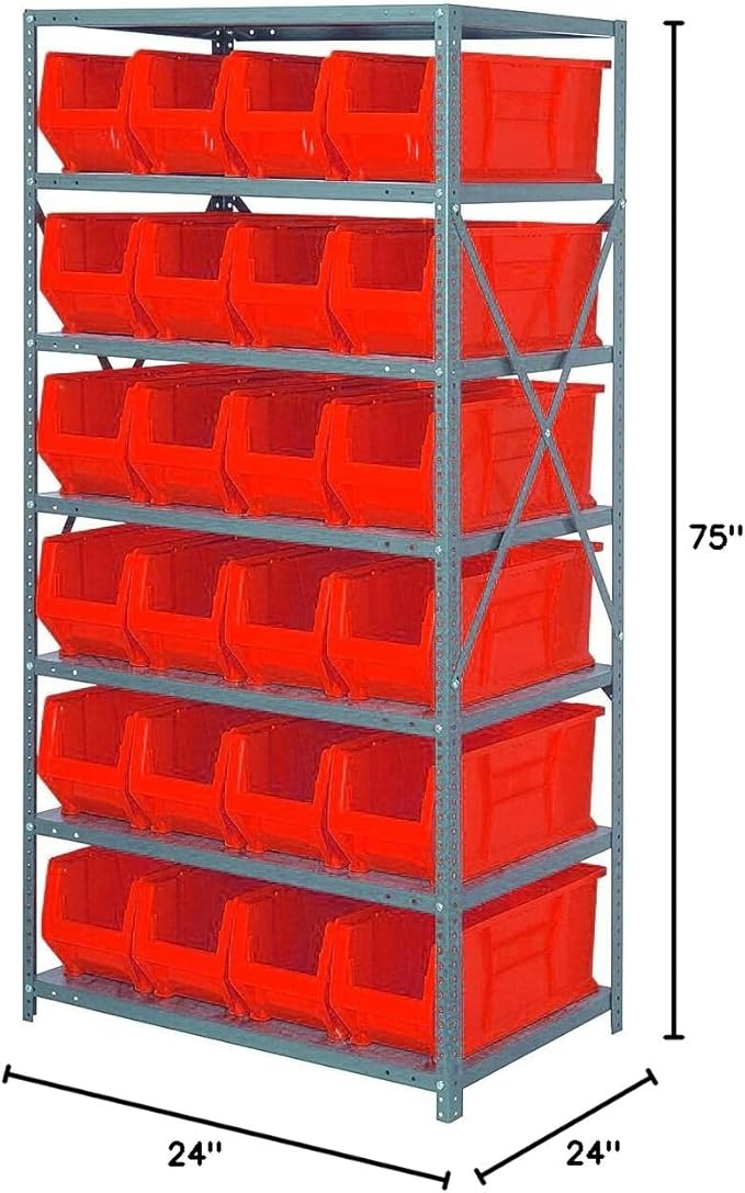 Quantum 2475-951RD Heavy Duty Shelving Unit with (8) Shelves and (24) QUS951 Red Bins for Industrial Warehouse Storage Distribution | 400 lbs Capacity | 24"D x 36"L x 75"H, Galvanized Carbon Steel