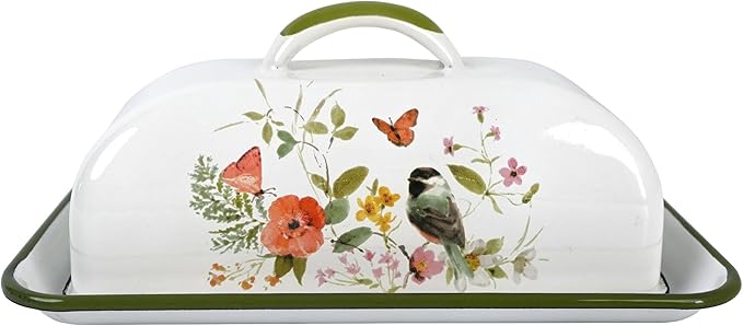 Enamel Butter Dish with Lid Vintage Enamelware Butter Keeper with Flower and Bird Patterns Farmhouse Butter Container Butter holder for Countertop Kitchen Decor