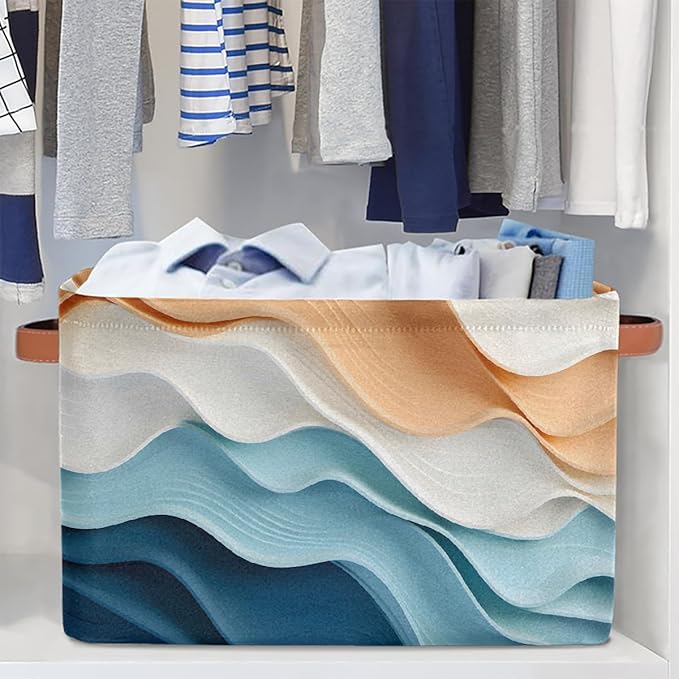 Ripple Storage Basket with Handle, Decorative Storage Bins Closet Bookshelf Dog Toy Organizer 15"x11"x9.5"