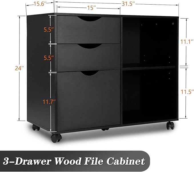 QDSSDECO 3-Drawer with Shelf Wood File Cabinet Mobile Lateral Filing Cabinet, with Rolling Wheel Printer Stand and Open Adjustable Storage Shelves, for Home Office, Black