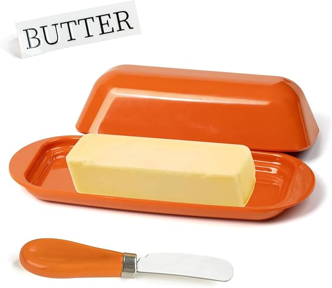 Butter Dish with Lid and Knife, Durable Countertop & Fridge Butter Keeper, BPA-Free Melamine Butter Container, Dishwasher Safe, Fits East/West Coast Butter Sticks (Pumpkin Orange)