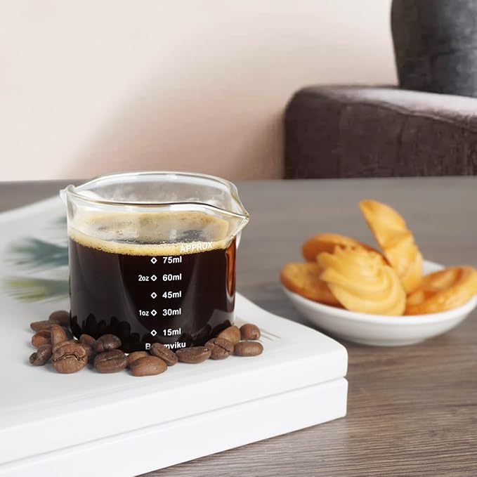 BCnmviku 1 Pack Double Spouts Measuring Triple Pitcher Milk Cup 75ML Espresso Shot Glasses Parts Clear Glass