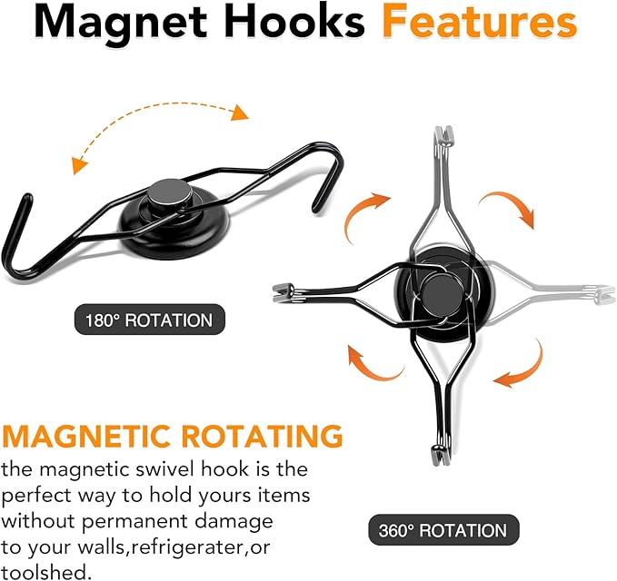 MIKEDE 120 LBS Black Magnetic Hooks, 6 Pack Swivel Swing Magnet Hooks Heavy Duty, Strong Neodymium Magnets Hanger for Hanging, Grill, Cruise Cabins - 32mm(1.26in) in Diameter