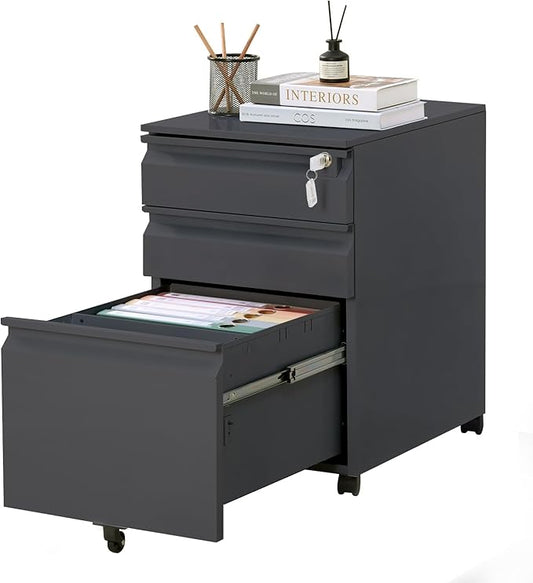 Garvee Mobile Filing Cabinet 3 Drawer,Under Desk File Cabinet with Lock & Anti-Tip Wheel, Metal Rolling Filing Cabinets for Home Office Organizer,a4/Letter/Legal Hanging File Folders