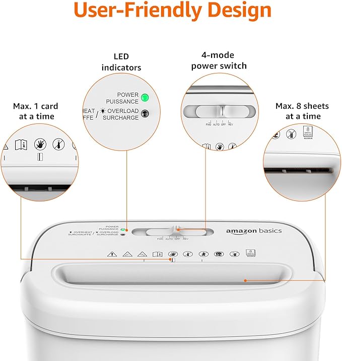 Amazon Basics Cross Cut Paper and Credit Card Shredder for Security - 8-Sheet, Heavy Duty, White