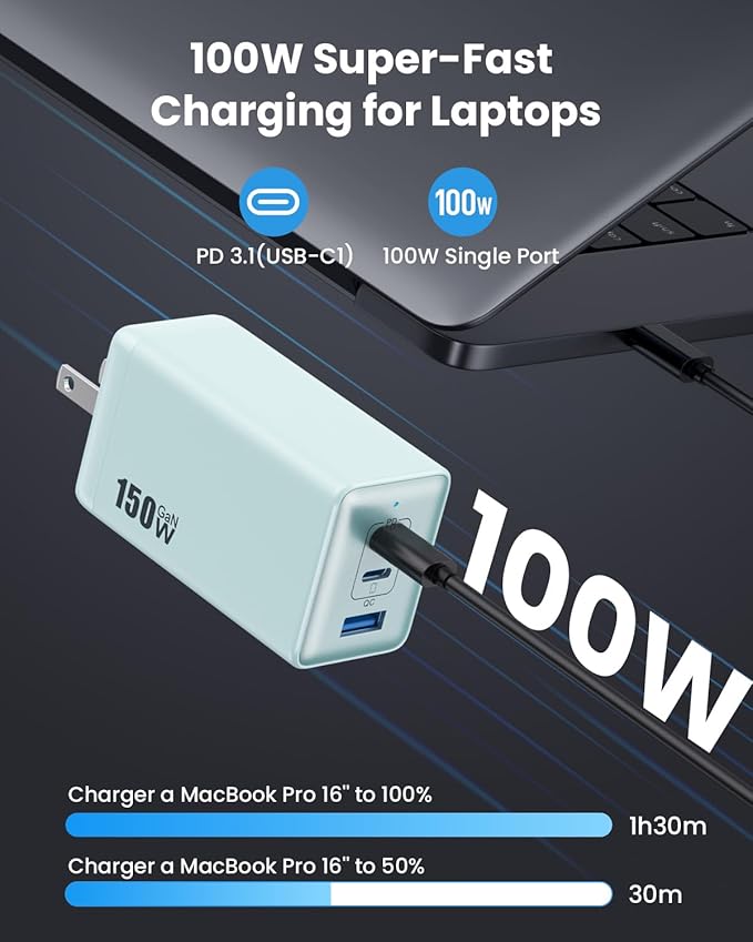 150W USB C Charger Block,GaN III Compact Foldable Wall Charger 3 Port Fast Charging Station,PD QC PPS Portable USB C Hub 100W Laptop Adapter for MacBook Pro/Air,iPad,iPhone 17/Pro,Galaxy S24,Dell etc
