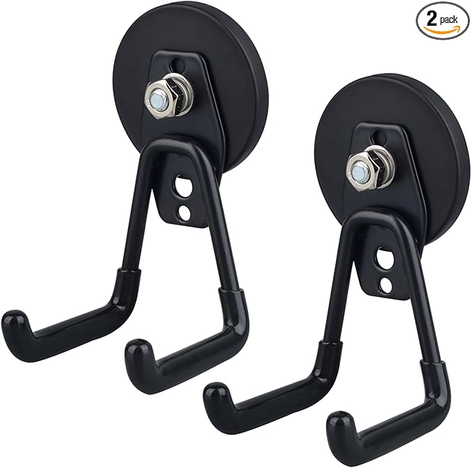 MUTUACTOR Heavy Duty Magnetic Hook,2PCS Anti-Slip Storage Magnet Hooks for Organizer, Magnetic Mount Garage Double Utility Hooks Hanging Impact Drivers Garden Hoses Hardware Box