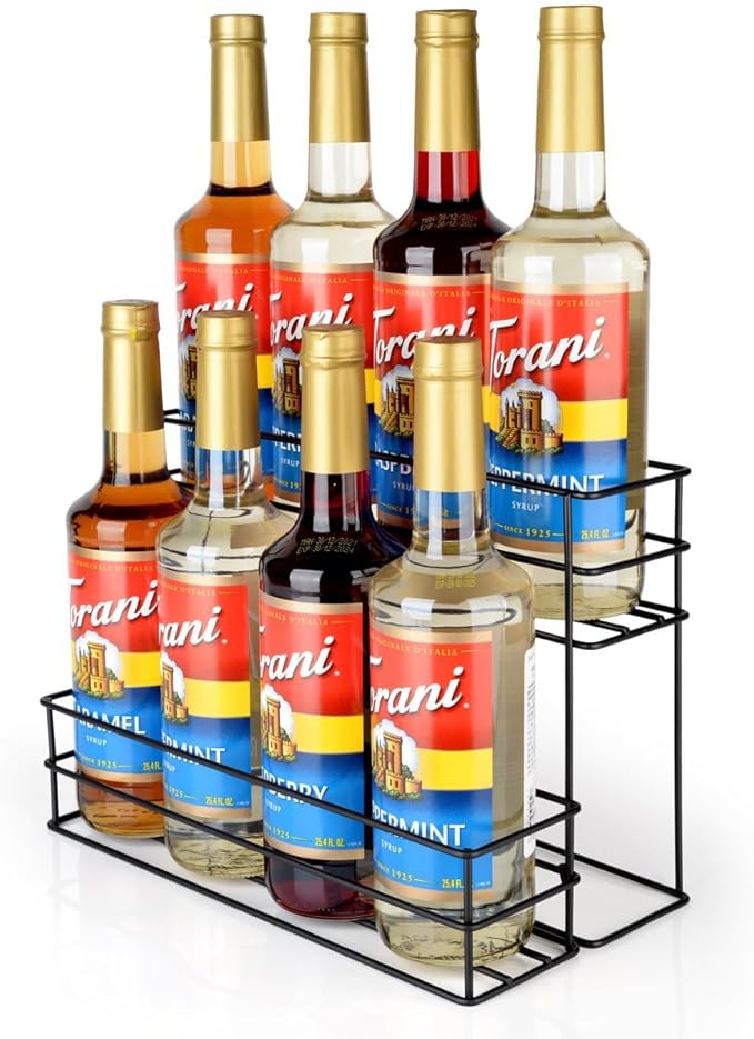 8 Bottle Capacity Coffee Syrup Organizer 2 Tier Coffee Syrup Stand Shelf for Coffee Bar Kitchen Small Wine Rack for Bar Family Storage for Syrup Wine Dressing