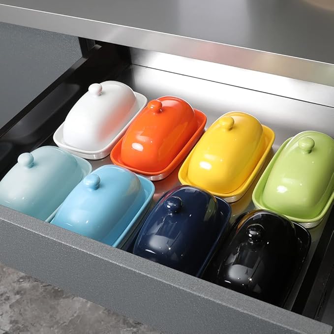 Sweejar Ceramic Butter Dish with Lid for Countertop,Porcelain Butter Keeper with Knob Handle,Butter Container for East/West Coast Butter, 7.1*3.7 inches (Turquoise)