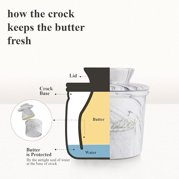 Butter Crock for Counter with Water, French Butter Keeper for Spreadable Butter Marble Ceramic Butter Dish with Lid for Countertop, Butter Container Holder