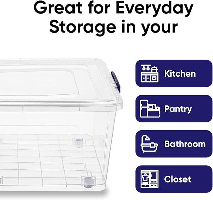 Superio Storage Bins with Lids- Clear Boxes for Organizing, Stackable Plastic Containers- BPA Free, Non-Toxic, Odor Free, Organizer for Home, Office, Dorm (6 Pack, 60 Qt (Wheeled))