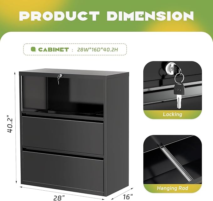 Bonusall 3 Drawer Lateral File Cabinet with Lock, Locking Metal lateral Filing Cabinet for Office Steel lateral File Cabinet, Large Horizontal File Cabinet Locked by Keys-Black