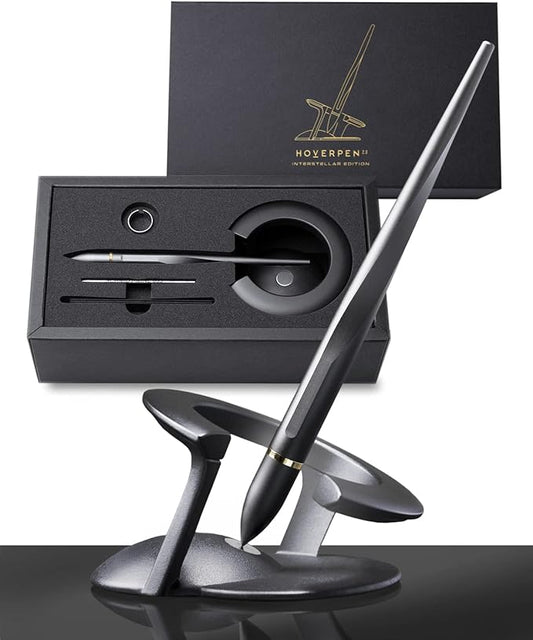 novium Hoverpen Interstellar - Space Black, Ballpoint Pen, 18K Gold-plated Pen Ring, 23.5 Degree Angle, Schmidt Ballpoint Refill, No Spills, No Spotting, No Explosions