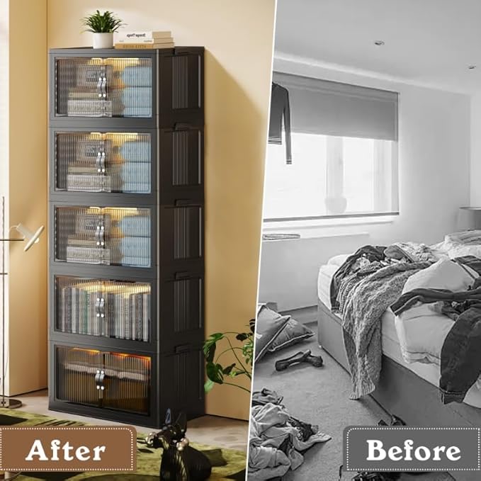 SAILUN 145Gal/580Qt Stackable Storage Bins Folding Collapsible Storage Bins with Lid, Closet Organizers and Storage, Storage Box with Door Black 26" W x 17" D x 71" H