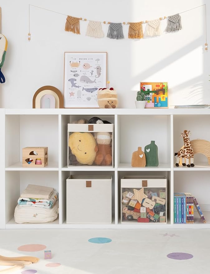 StorageWorks 11x11 Storage Cubes, Closet Storage Bins with Clear Window, Fabric Organizer for Clothes, Collapsible Storage Baskets with PU Handles, Beige, 3-Pack