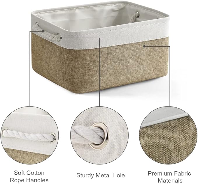 TheWarmHome Storage Basket for Organizing - 14x10x7 inch Medium 3 Pack Collapsible Storage Bin for Shelves with Handles, Canves Storage Box for Organizer Cubes Cloth Gift Toy Closet (White & Khaki)