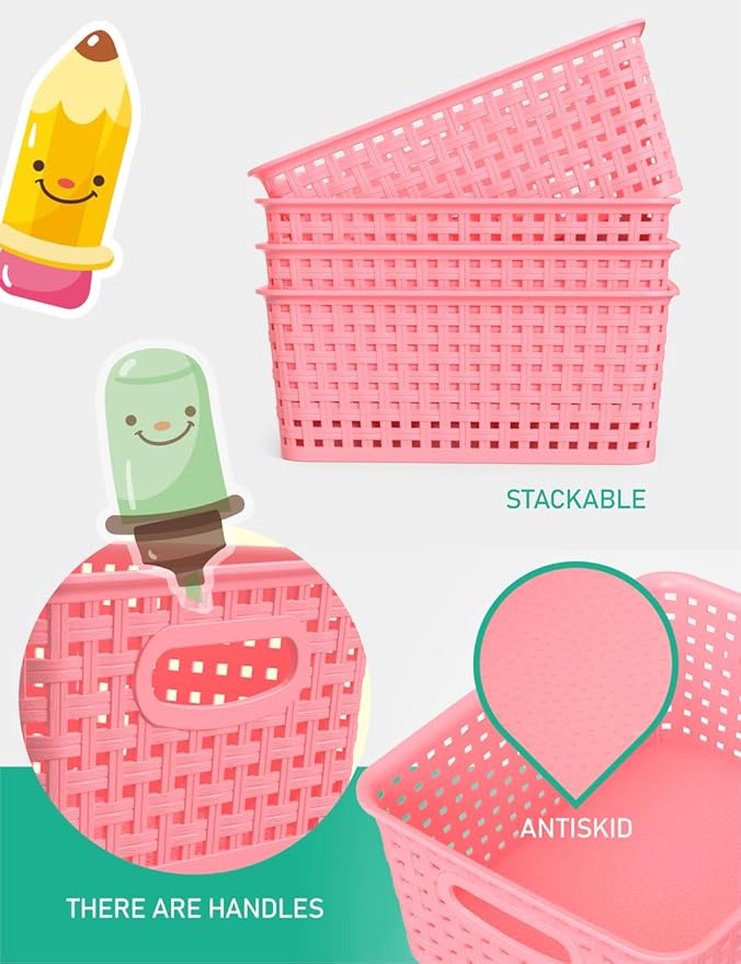 WYT 6-Pack Plastic Small Shelf Storage Weave Baskets Organizing for Cabinets and Pantries, Pink