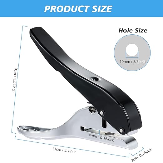 Heavy Duty Single Hole Punch - Portable Hand Held for Paper, Cards, Plastic & Cardboard (10MM Black)