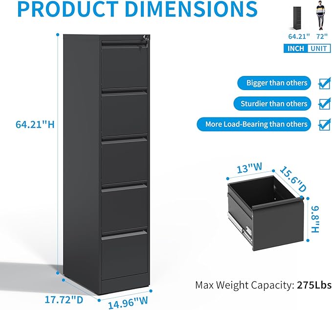 5 Drawer File Cabinet with Lock, Metal Vertical Filing Cabinet for Home Office, 64" Tall Narrow Locking Steel File Cabinets with Drawers, Storage for Legal/Letter/A4/F4, Easy Assemble (Black)