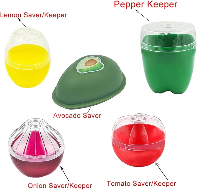 5 Pieces Fruit and Vegetable Shaped Savers Keepers Storage Containers for Fridge, Avocado Green Pepper Tomato Lemon and Onion Keeper/Saver/Holder, Refrigerator Vegetable Crisper