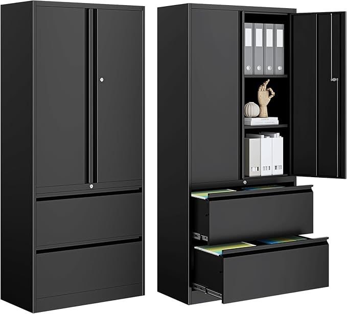 2-Drawer Metal File Cabinet, Lateral Vertical Filing Cabinets for Home Office, Locking File Cabinet with Storage Shelves, Legal/Letter/A4 Size Office File Cabinets (Black, Assemble Required)