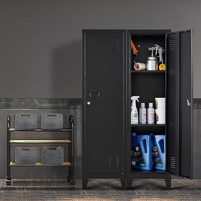 Metal Cabinet, 47" H Home Office Storage Lockers, Vertical Steel Storage Cabinet with Locking Door and 2 Adjustable Shelves, Small Metal Locker Cabinets (1 Door, Black)
