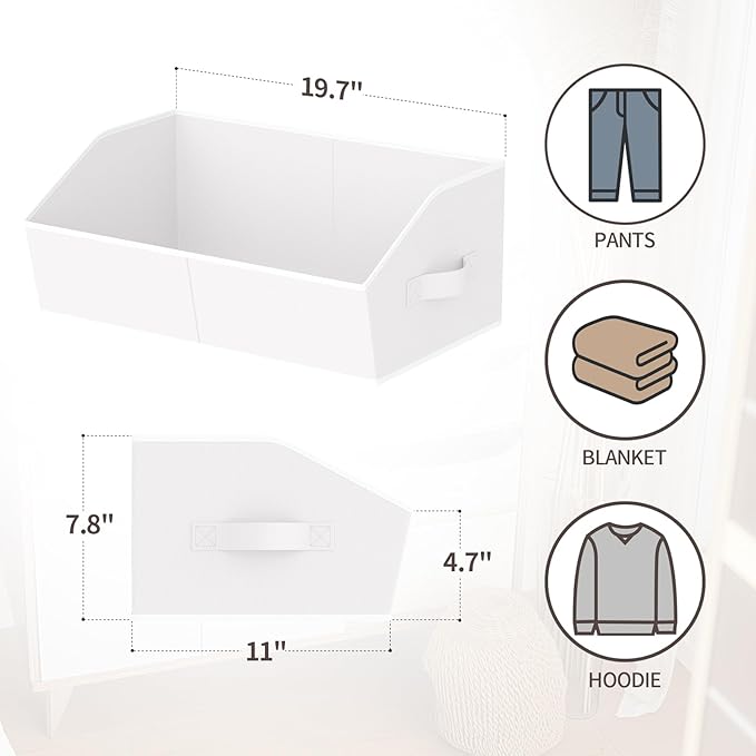 Storage Bins for Shelves - Large Trapezoid Closet Shelf Organizer, Fabric Organization Bins with Handles, Storage Baskets for Clothes, Towel, Purse, 6 Pack, White