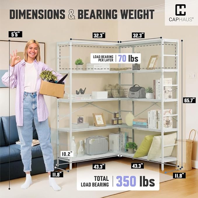 CAPHAUS L-Shaped Bookshelf, 5 Tier Industrial Corner Bookcase, Tall Corner Shelf with Metal Frame, Wooden Board, Open Display Shelf for Living Room, Bedroom, Home and Office,White