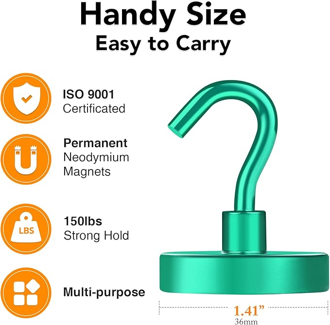 MIKEDE Magnetic Hooks Heavy Duty, 170LB Strong Magnet with Hook for Fridge, Super Neodymium Extra Strength Industrial Hooks for Toolbox, Cruise, Grill(Green,10 Pack)