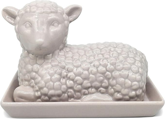 Lamb Butter Dish with Lid – Ceramic Farm Animal Butter Holder for Countertop Storage – Cute Sheep Design for Spring, Easter, or Farmhouse Kitchen Décor – Holds Standard Butter Stick