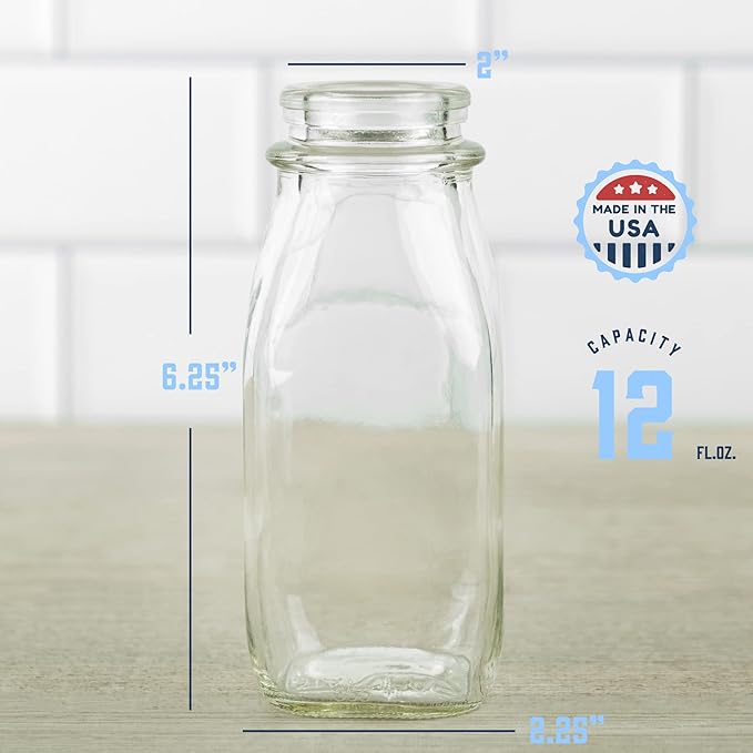 kitchentoolz Glass Creamer Bottle 12 Oz Square Glass Milk Bottle with Lids- Perfect Milk Container for Refrigerator - 12 Ounce Milk Bottle with Lid and Pour Spout