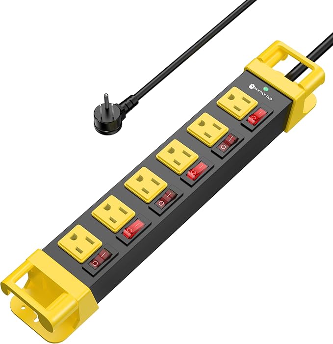 Heavy Duty Power Strip - 6 Outlet Power Strip with Individual Switches Cord Manager Surge Protector 1200J Home Office Garage Industrial Workbench