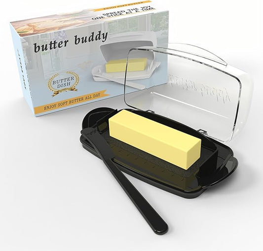 Butter Dishes with Lid for Countertop Refrigerator, Plastic Butter Dish Clear Flip Top Lid Butter Container with Spreader, Non-Slip Bottom Butter Holder Keeper (Transparent Cover Black)